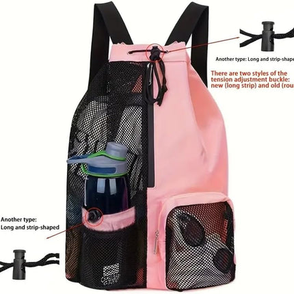 Large Mesh Gym Bag with Waterproof Compartment - Beach & Festival Backpack with Wet/Dry Separation.