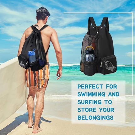 Large Mesh Gym Bag with Waterproof Compartment - Beach & Festival Backpack with Wet/Dry Separation.