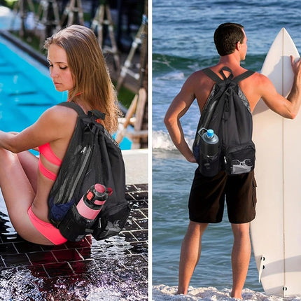 Large Mesh Gym Bag with Waterproof Compartment - Beach & Festival Backpack with Wet/Dry Separation.