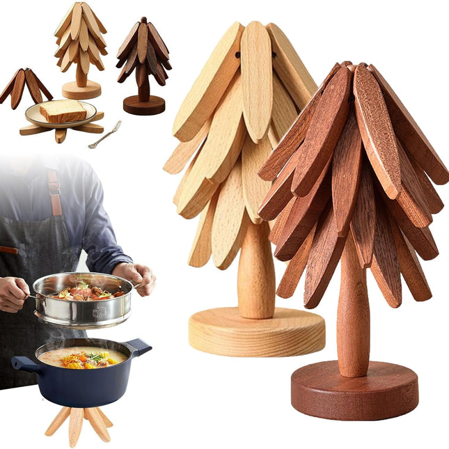 2-Piece Foldable Christmas Tree Design Pot Holders Set Decorative Heat Resistant Trivets with Holder for Hot Pans.