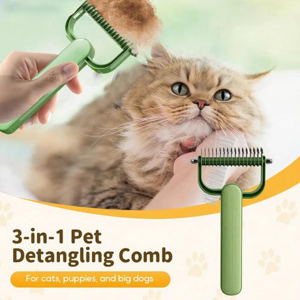 Double-Sided Pet Brush for Dogs & Cats - Green - Undercoat Comb with Non-Slip Handle - Removes Tangles & Loose Hair - 1 Piece.