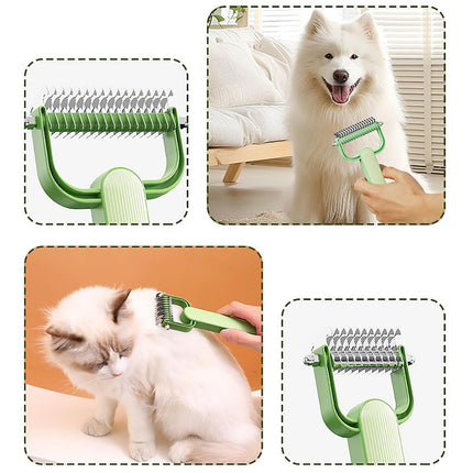 Double-Sided Pet Brush for Dogs & Cats - Green - Undercoat Comb with Non-Slip Handle - Removes Tangles & Loose Hair - 1 Piece.