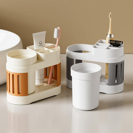Multifunctional Toothbrush Holder with Toothpaste Dispenser and Cups - Wall-Mounted No Drilling - Bathroom Organizer Set.