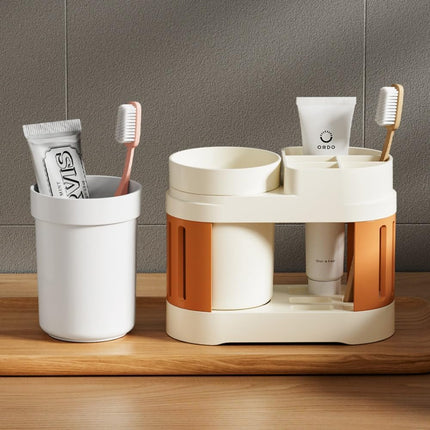 Multifunctional Toothbrush Holder with Toothpaste Dispenser and Cups - Wall-Mounted No Drilling - Bathroom Organizer Set.