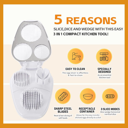 3-in-1 Egg Slicer - Perfect Slices & Chunks - Multifunctional Cutter for Eggs Soft Fruits and Vegetables.