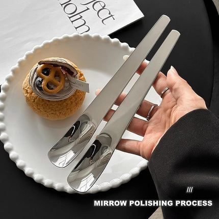 2 Piece Square Dessert Spoons Stainless Steel Cake Ice Cream Coffee Spoons Silver.