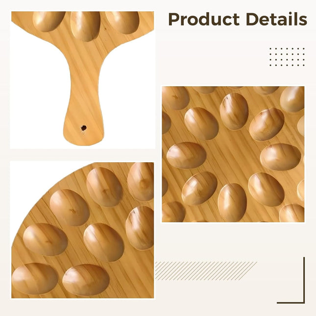 Round Wooden Serving Tray with Handle 24 Holes for Storing Deviled Eggs Sustainable Wood Design.
