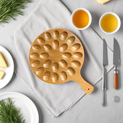 Round Wooden Serving Tray with Handle 24 Holes for Storing Deviled Eggs Sustainable Wood Design.