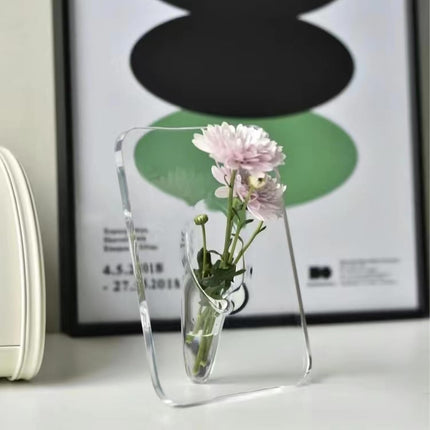 Clear Acrylic Photo Frame Vase - Modern Style Decorative Vase for Office Bookshelf Bedroom Living Room - Unique Home Decor Piece.
