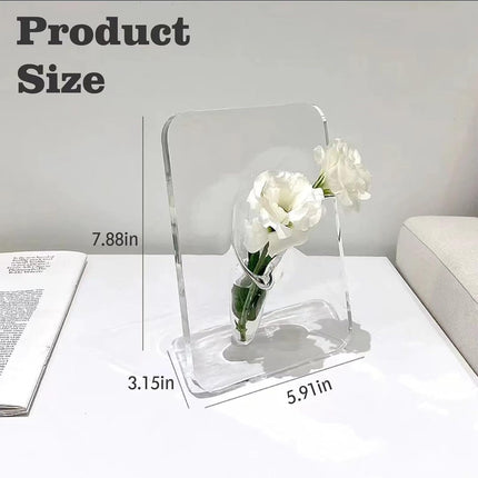 Clear Acrylic Photo Frame Vase - Modern Style Decorative Vase for Office Bookshelf Bedroom Living Room - Unique Home Decor Piece.