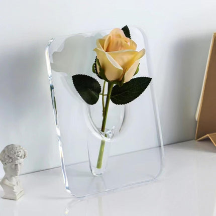 Clear Acrylic Photo Frame Vase - Modern Style Decorative Vase for Office Bookshelf Bedroom Living Room - Unique Home Decor Piece.