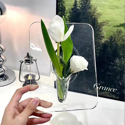 Clear Acrylic Photo Frame Vase - Modern Style Decorative Vase for Office Bookshelf Bedroom Living Room - Unique Home Decor Piece.