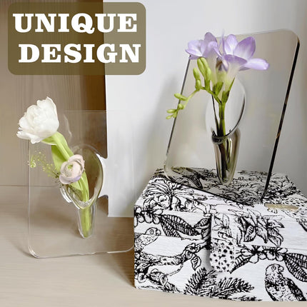 Clear Acrylic Photo Frame Vase - Modern Style Decorative Vase for Office Bookshelf Bedroom Living Room - Unique Home Decor Piece.