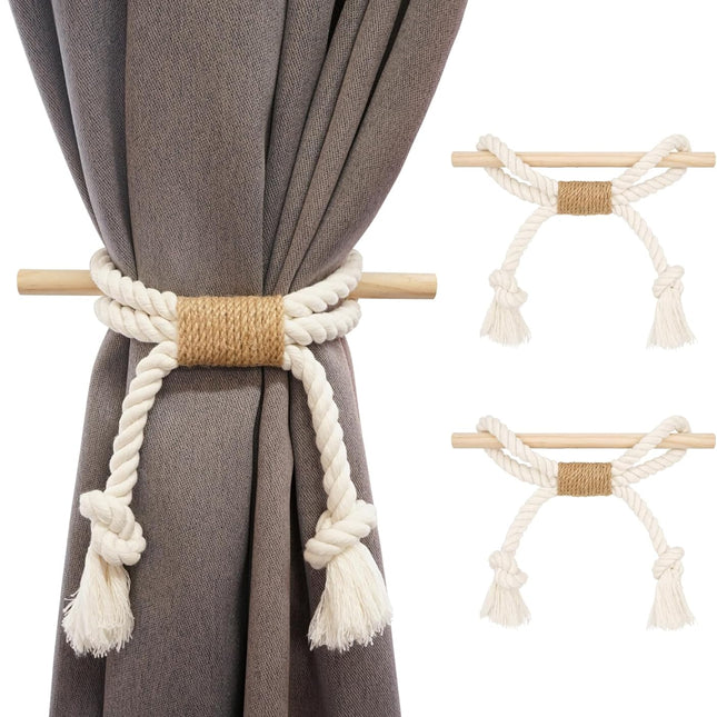 2 Pack White Curtain Tiebacks with Pine Wood Rod Holder Natural Cotton Linen Rope No Drilling Easy Installation for Rustic Style Homes.