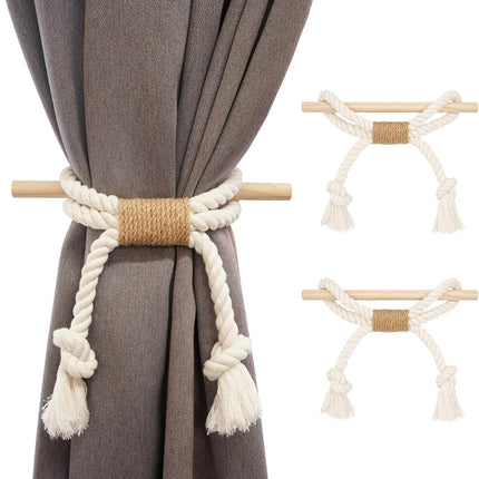 2 Pack White Curtain Tiebacks with Pine Wood Rod Holder Natural Cotton Linen Rope No Drilling Easy Installation for Rustic Style Homes.
