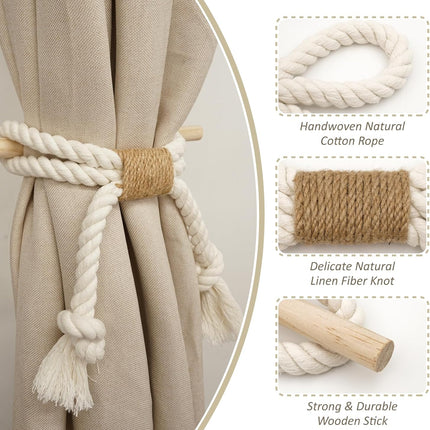 2 Pack White Curtain Tiebacks with Pine Wood Rod Holder Natural Cotton Linen Rope No Drilling Easy Installation for Rustic Style Homes.