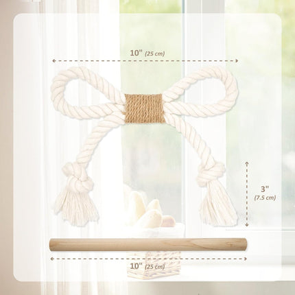2 Pack White Curtain Tiebacks with Pine Wood Rod Holder Natural Cotton Linen Rope No Drilling Easy Installation for Rustic Style Homes.