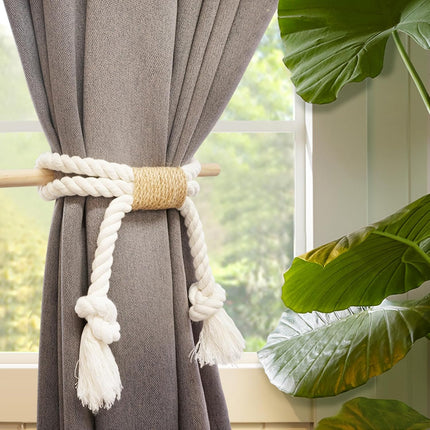 2 Pack White Curtain Tiebacks with Pine Wood Rod Holder Natural Cotton Linen Rope No Drilling Easy Installation for Rustic Style Homes.