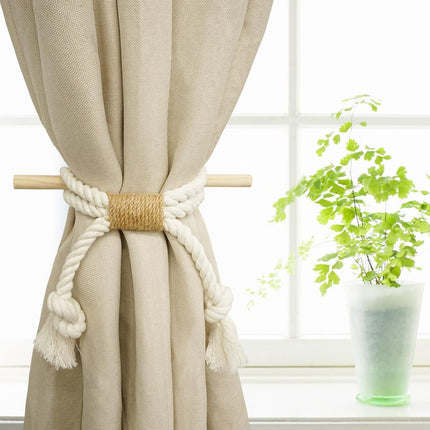 2 Pack White Curtain Tiebacks with Pine Wood Rod Holder Natural Cotton Linen Rope No Drilling Easy Installation for Rustic Style Homes.
