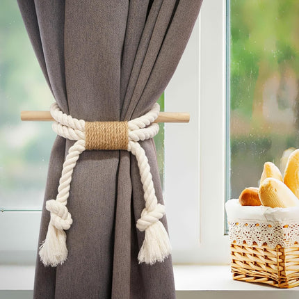 2 Pack White Curtain Tiebacks with Pine Wood Rod Holder Natural Cotton Linen Rope No Drilling Easy Installation for Rustic Style Homes.
