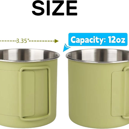 2 Pack Foldable Handle Stainless Steel Camping Mugs 12 oz Portable for Outdoor Picnic Hiking Backpacking Travel Coffee Mug Set.