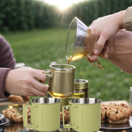 2 Pack Foldable Handle Stainless Steel Camping Mugs 12 oz Portable for Outdoor Picnic Hiking Backpacking Travel Coffee Mug Set.