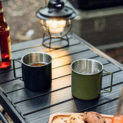 2 Pack Foldable Handle Stainless Steel Camping Mugs 12 oz Portable for Outdoor Picnic Hiking Backpacking Travel Coffee Mug Set.