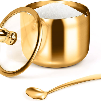Gold Sugar Bowls with Glass Lids and Spoons 10 oz Set for Coffee Bar Kitchen Storage of Salt Candy Coffee Beans.