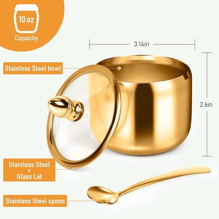 Gold Sugar Bowls with Glass Lids and Spoons 10 oz Set for Coffee Bar Kitchen Storage of Salt Candy Coffee Beans.