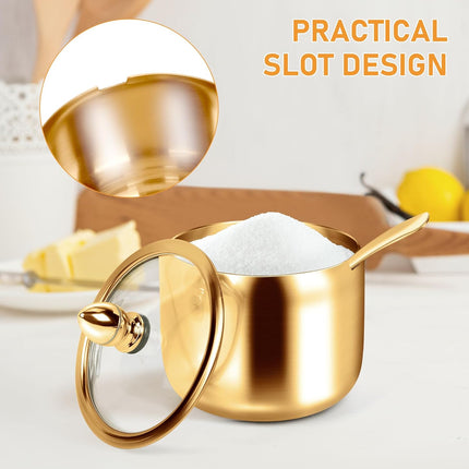 Gold Sugar Bowls with Glass Lids and Spoons 10 oz Set for Coffee Bar Kitchen Storage of Salt Candy Coffee Beans.