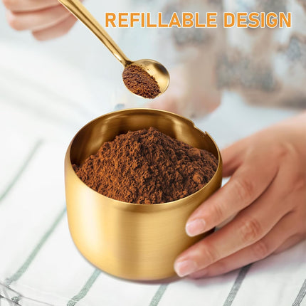 Gold Sugar Bowls with Glass Lids and Spoons 10 oz Set for Coffee Bar Kitchen Storage of Salt Candy Coffee Beans.