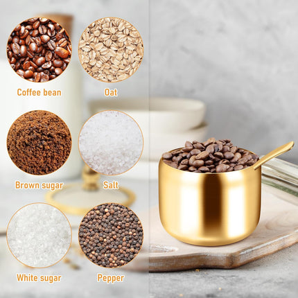 Gold Sugar Bowls with Glass Lids and Spoons 10 oz Set for Coffee Bar Kitchen Storage of Salt Candy Coffee Beans.
