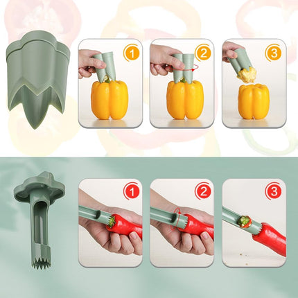 2-in-1 Green Capsicum Slicer and Seed Remover Tool - Fast Vegetable Seed Extractor Kitchen Gadget for Paprika.