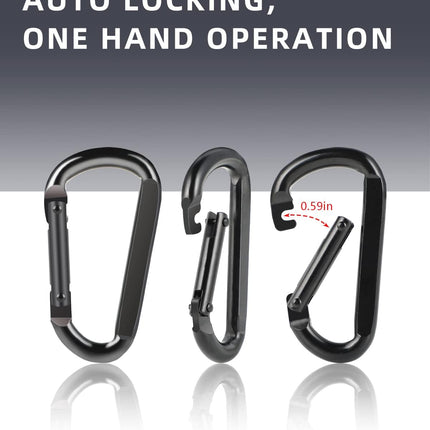 2 Pack Aluminum Black D-Shaped Carabiner 8cm - Camping Outdoor Keychain Clip for Backpack Keys.