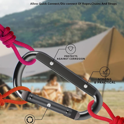 2 Pack Aluminum Black D-Shaped Carabiner 8cm - Camping Outdoor Keychain Clip for Backpack Keys.