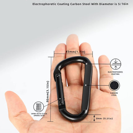 2 Pack Aluminum Black D-Shaped Carabiner 8cm - Camping Outdoor Keychain Clip for Backpack Keys.