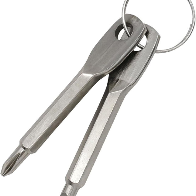 2-in-1 Keychain Screwdriver - Mini Double-Ended Flat & Cross Head - Stainless Steel - Pocket-Sized Tool - Silver.