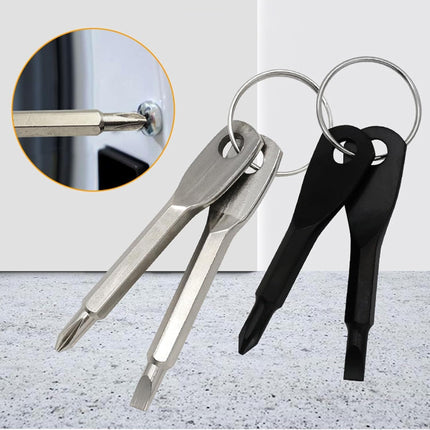 2-in-1 Keychain Screwdriver - Mini Double-Ended Flat & Cross Head - Stainless Steel - Pocket-Sized Tool - Silver.