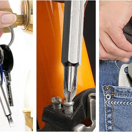 2-in-1 Keychain Screwdriver - Mini Double-Ended Flat & Cross Head - Stainless Steel - Pocket-Sized Tool - Silver.