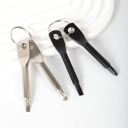 2-in-1 Keychain Screwdriver - Mini Double-Ended Flat & Cross Head - Stainless Steel - Pocket-Sized Tool - Silver.