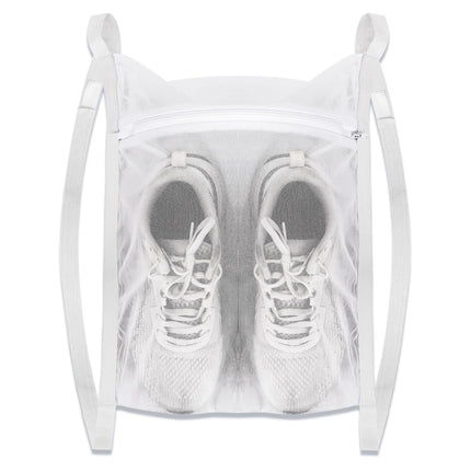 White Sports Shoe Washing and Drying Mesh Bag with Zipper and Straps - Durable Honeycomb Net Bag for Shoes Clothing Laundry - Reusable.