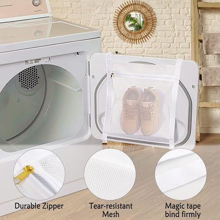 White Sports Shoe Washing and Drying Mesh Bag with Zipper and Straps - Durable Honeycomb Net Bag for Shoes Clothing Laundry - Reusable.