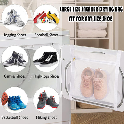 White Sports Shoe Washing and Drying Mesh Bag with Zipper and Straps - Durable Honeycomb Net Bag for Shoes Clothing Laundry - Reusable.