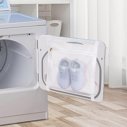 White Sports Shoe Washing and Drying Mesh Bag with Zipper and Straps - Durable Honeycomb Net Bag for Shoes Clothing Laundry - Reusable.