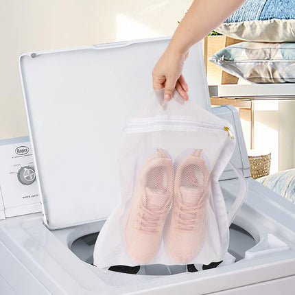 White Sports Shoe Washing and Drying Mesh Bag with Zipper and Straps - Durable Honeycomb Net Bag for Shoes Clothing Laundry - Reusable.