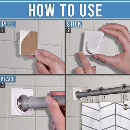 2 Pack White No Drill Shower Curtain Rod Holder Self Adhesive Wall Mounted Bracket.