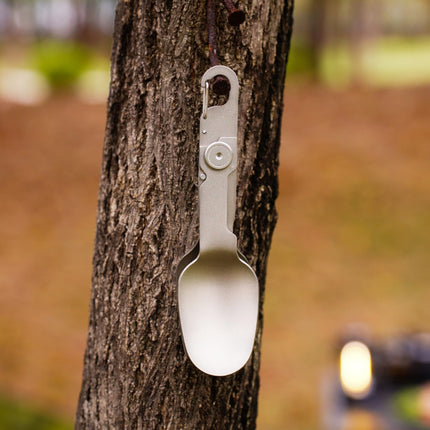 2-in-1 Folding Titanium Cutlery 13cm Silver Camping Spoon & Fork Lightweight Travel Outdoor Utensil.