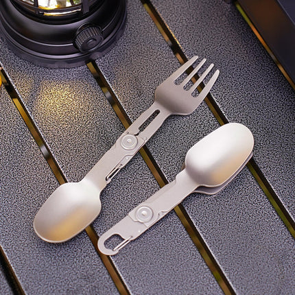 2-in-1 Folding Titanium Cutlery 13cm Silver Camping Spoon & Fork Lightweight Travel Outdoor Utensil.
