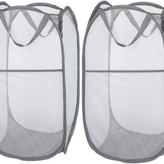 2 Pack Foldable Mesh Laundry Baskets with Reinforced Handles Grey Portable for Home Travel Student Use.