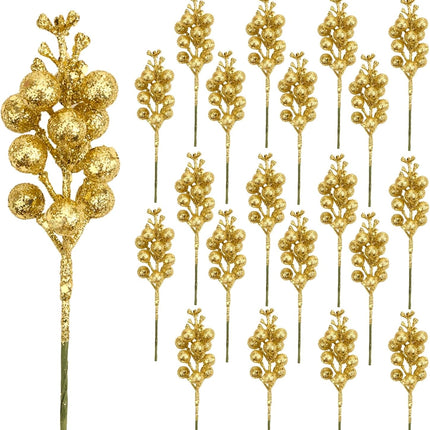 20 Gold Glitter Berry Ornaments Christmas Tree Decorations Artificial Xmas Tree Filler DIY Wreath Festive Home Decor.